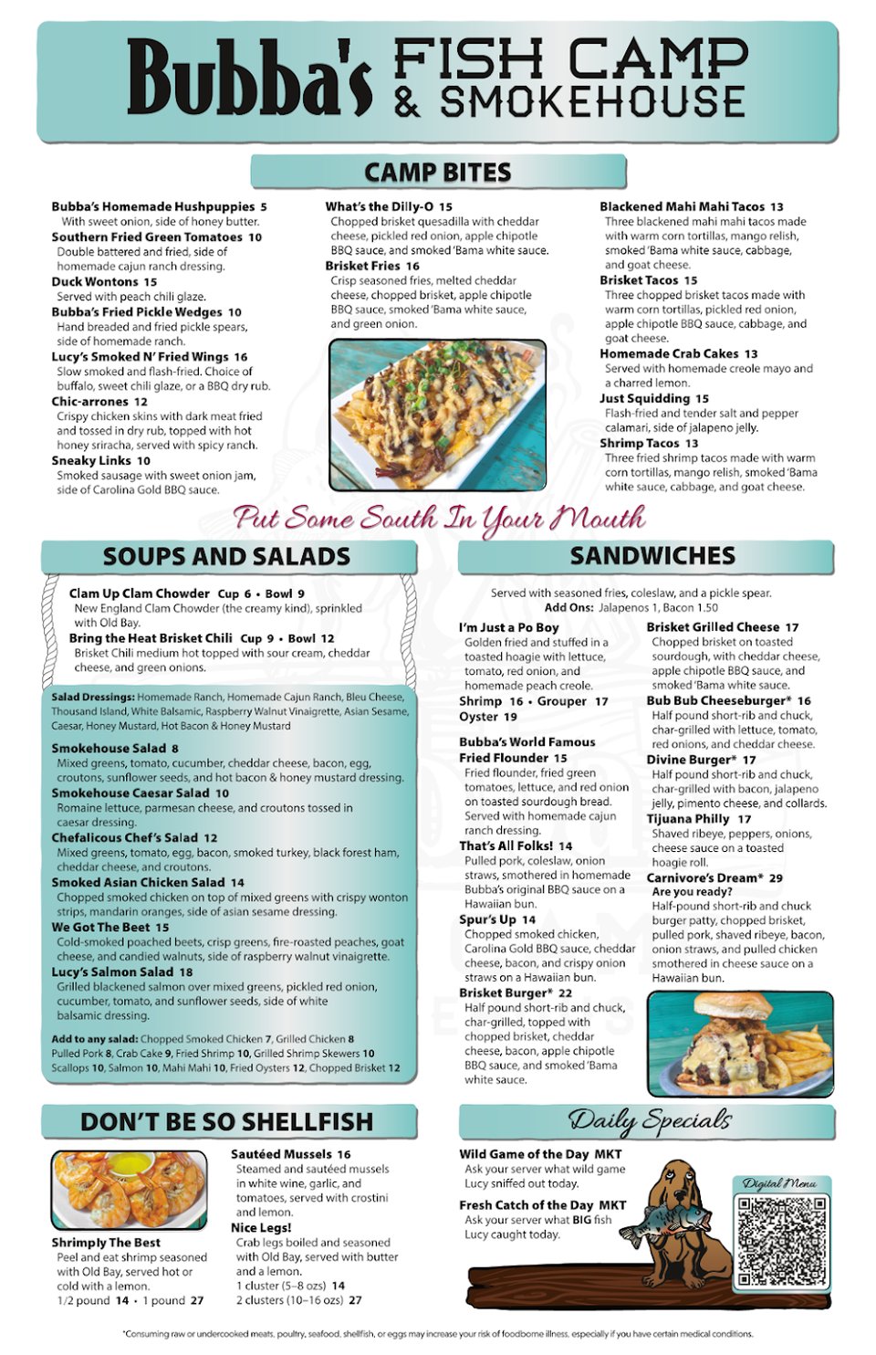 Barbecue and seafood dishes listed for ordering.