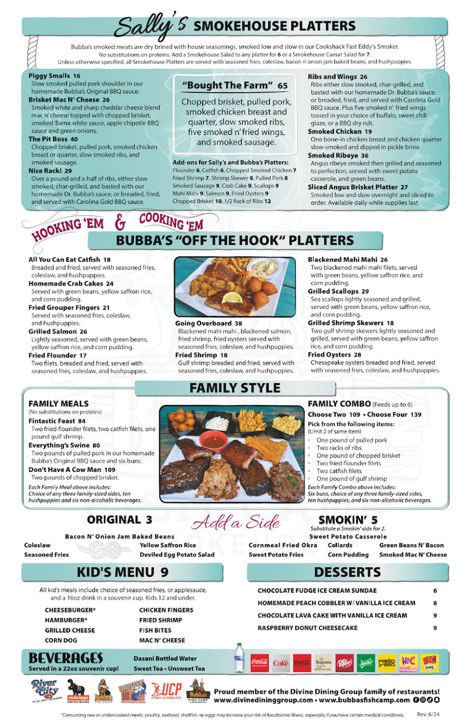 Menu-style display of smoked meats and fried seafood.
