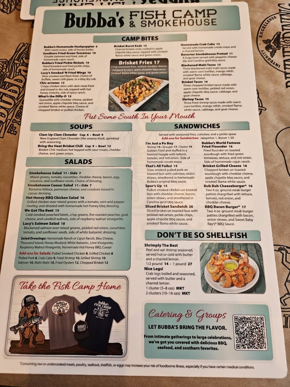 Printed food selections for a Southern restaurant.