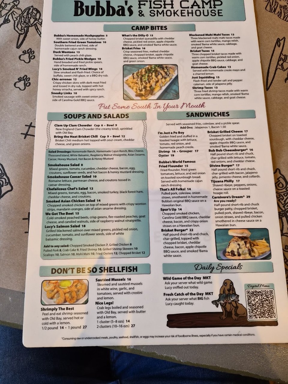 Dish names paired with barbecue and seafood options.