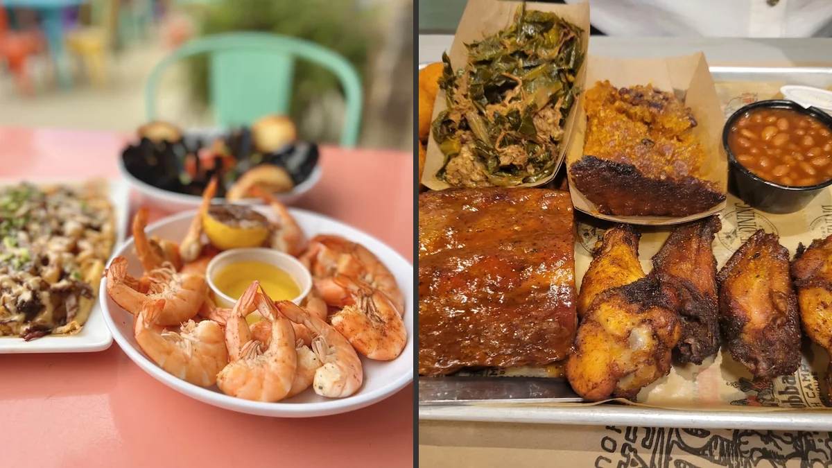 Plated barbecue and seafood dishes on a restaurant table.